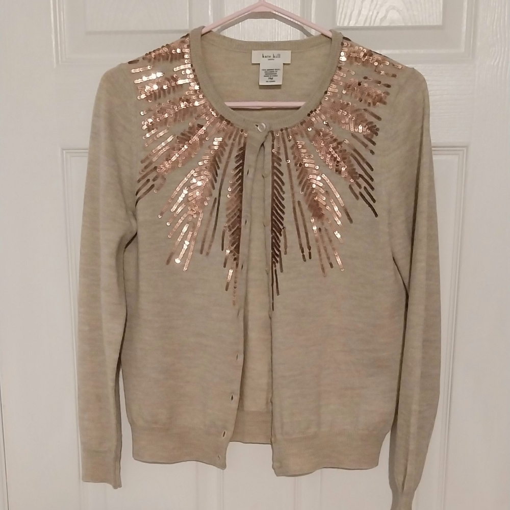 Vibrant 100 % Wool Beige Cardigan with Sequin Design
